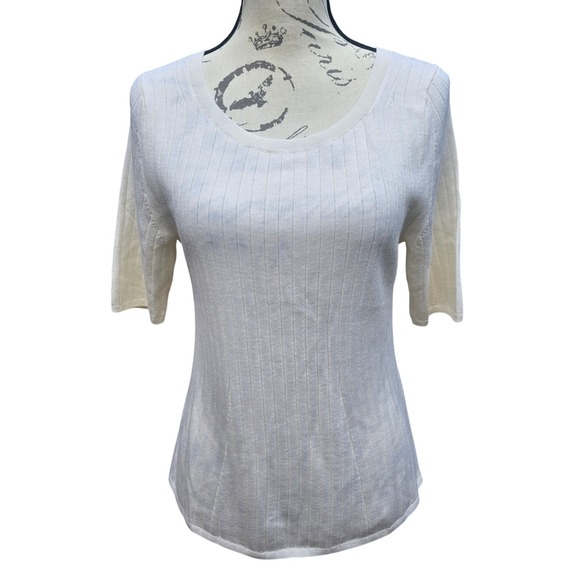 Banana Republic NWT Merino Wool Cream Ribbed Short Sleeve Sweater Scoop Neck M - Picture 1 of 10